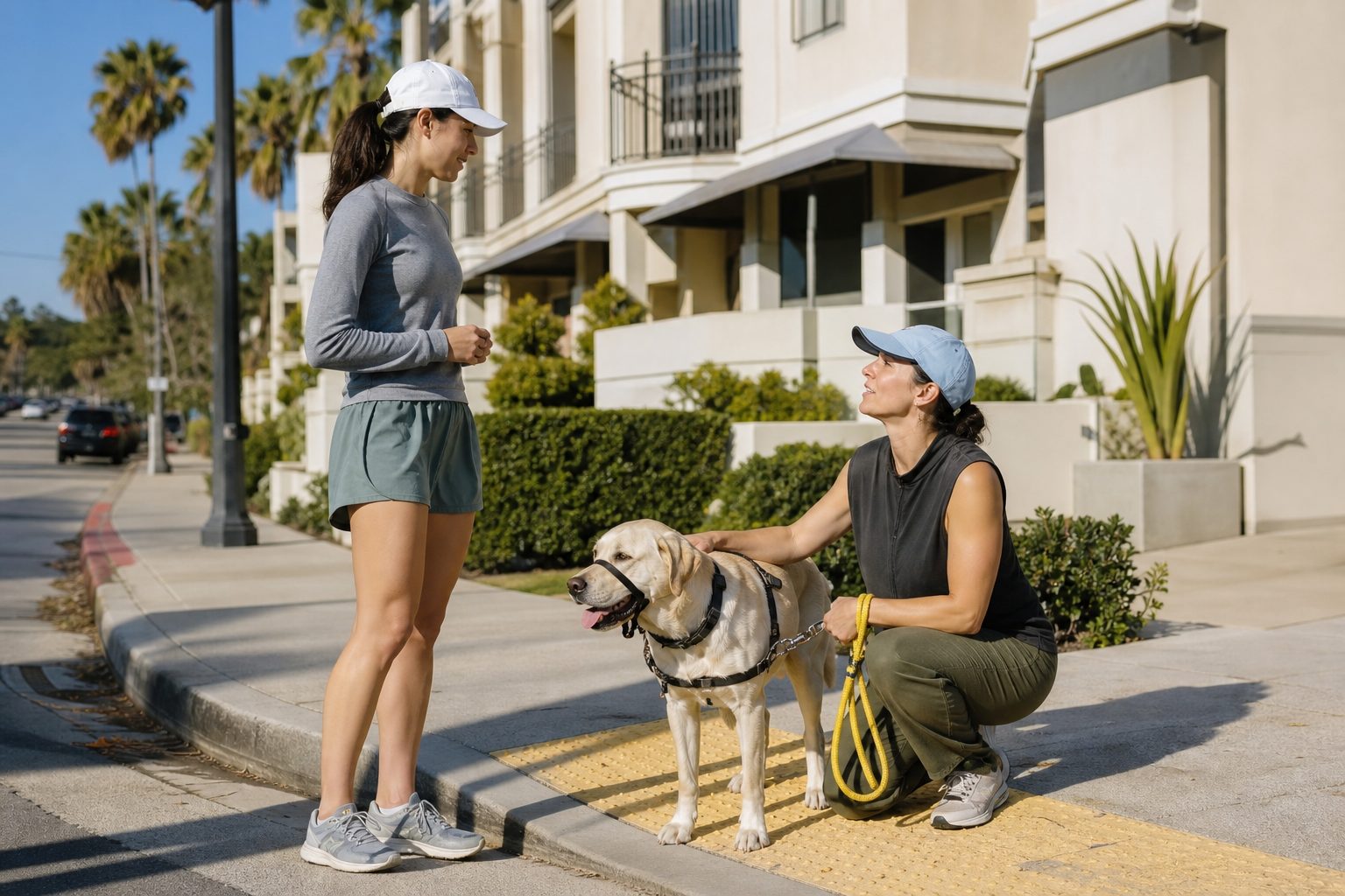 Dog walker kneeling at a curb holding a labrador's harness while talking with a jogger