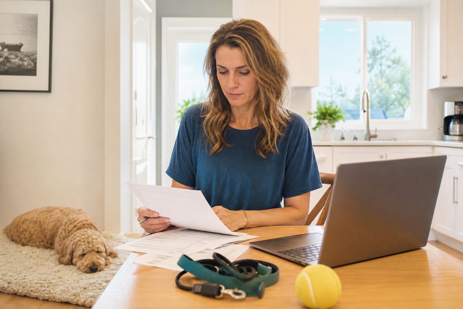 Pet care business owner sorting paperwork at a sunlit kitchen table with a leash and a dog nearby