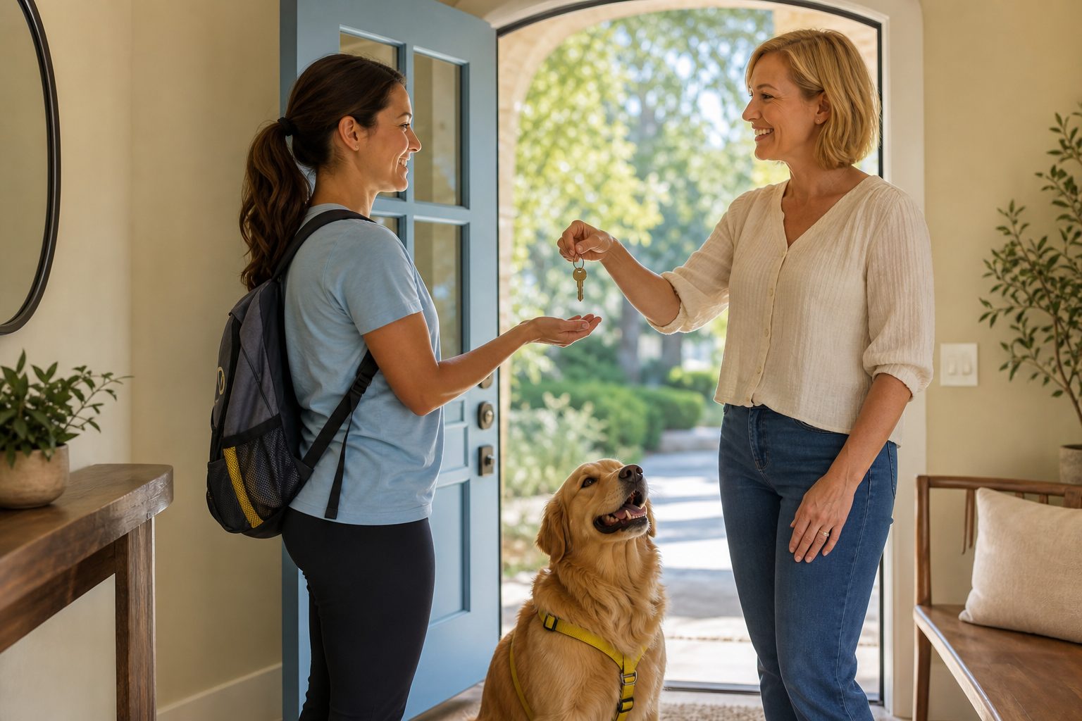 Homeowner handing a key to a dog walker in a sunlit entryway beside a golden retriever