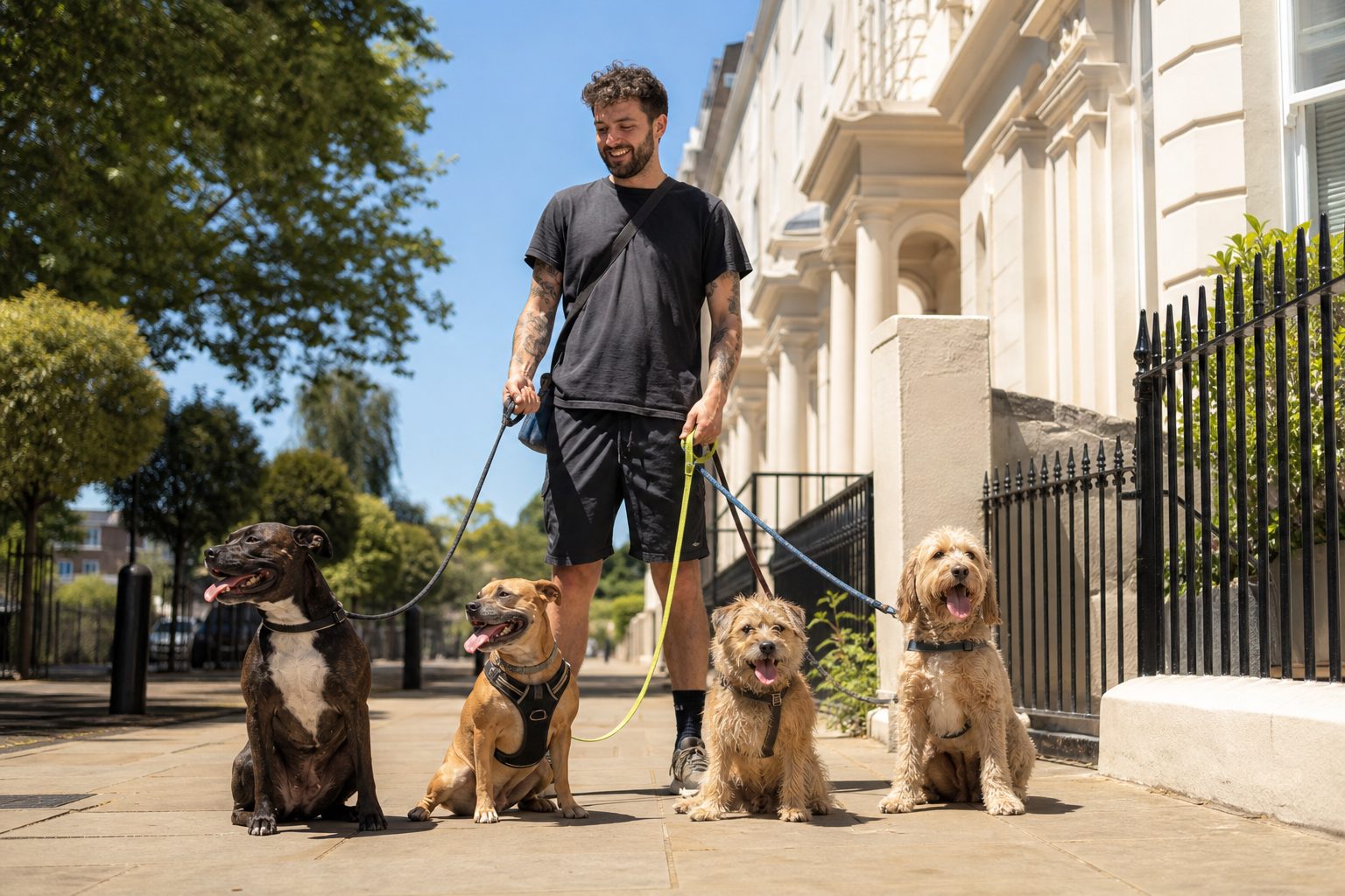 Handler on a sunny sidewalk holding four leashes with four dogs sitting in a row beside her
