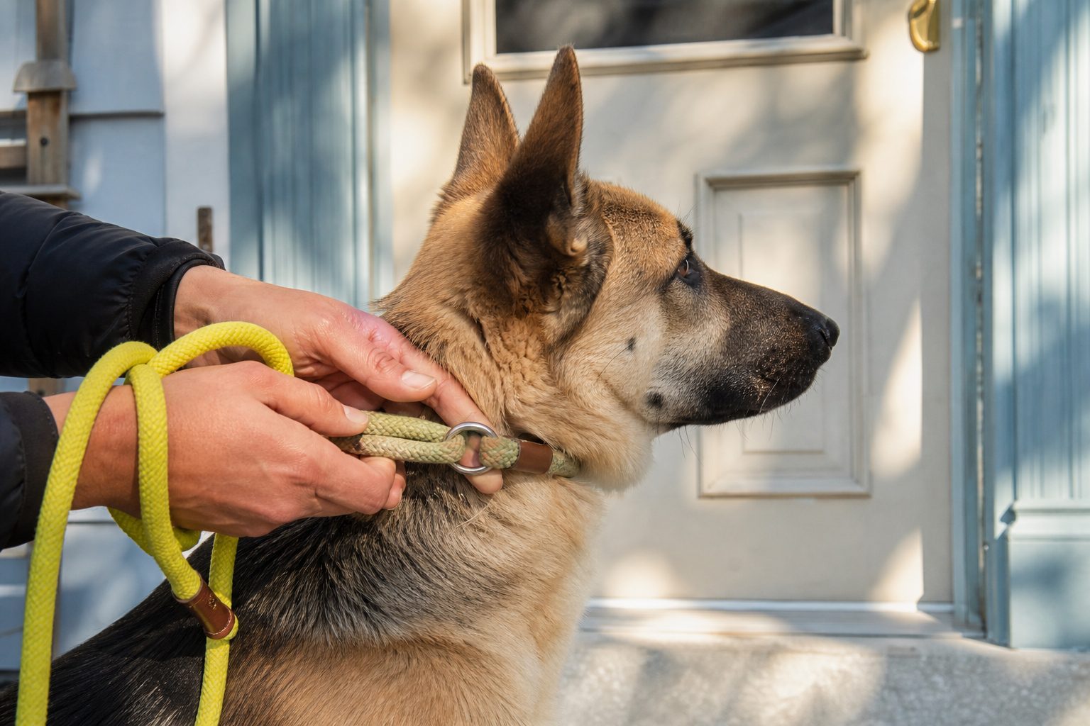 Hands checking martingale collar fit with two fingers on a shepherd mix at a sunny front door