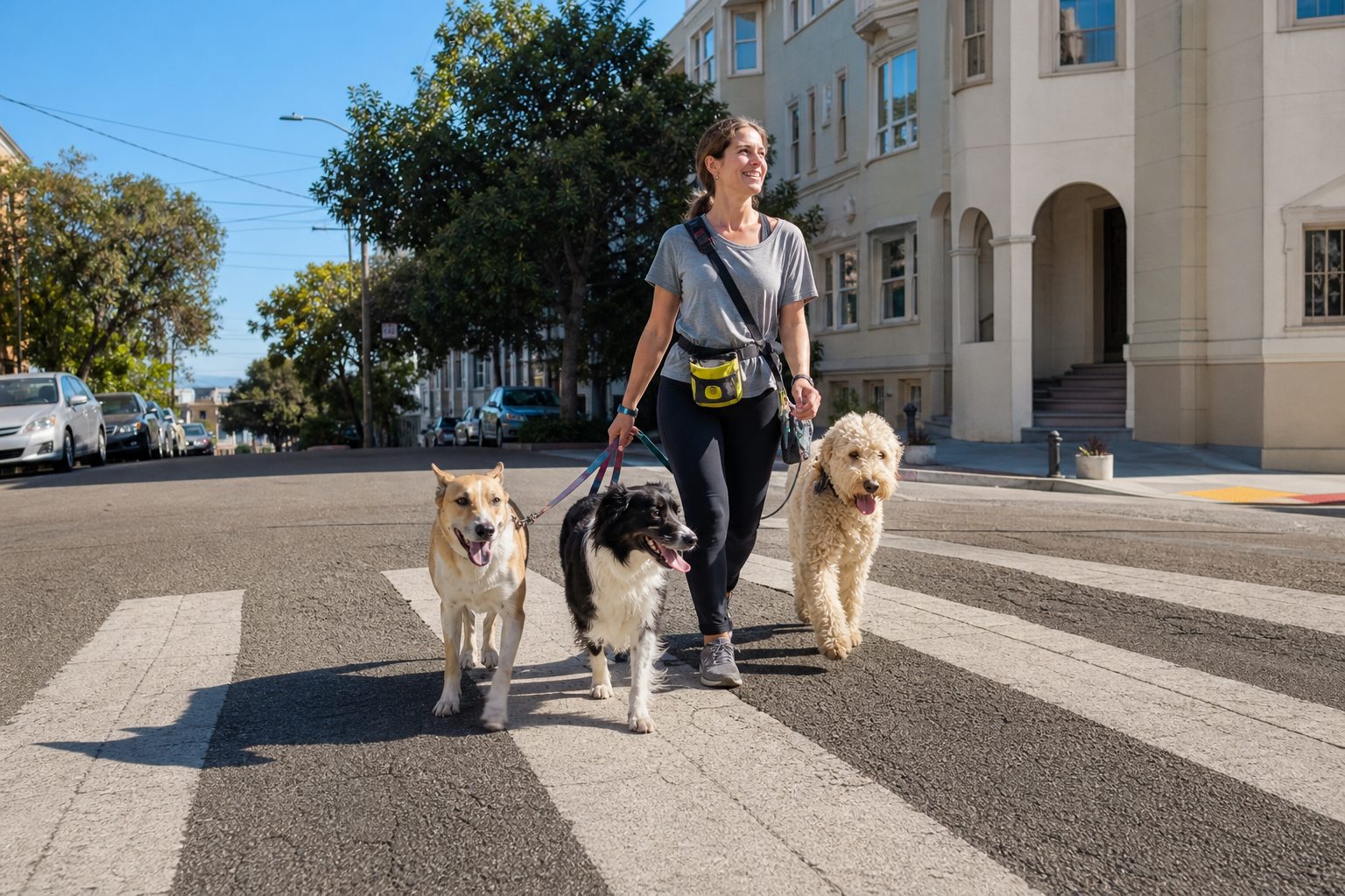 Dog walker crossing a sunny crosswalk with three dogs at heel past cream colored walk up buildings