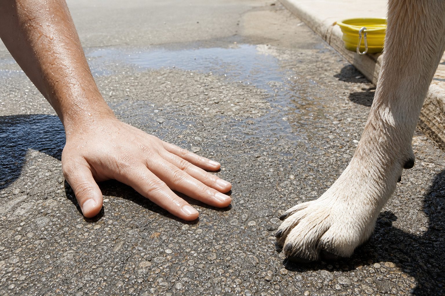Bare hand pressed on hot asphalt next to a dog's paw with a yellow water bowl at the curb