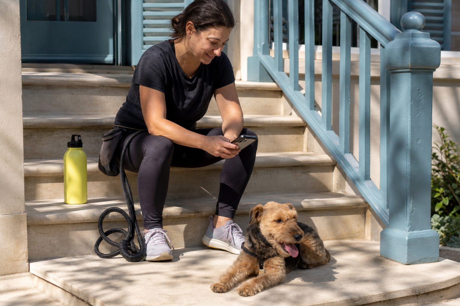 Dog walker resting on a sunlit stoop with her phone while a terrier lies in the shade beside her