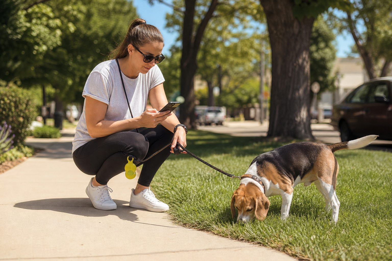 Dog walker crouched on a sunny grass strip logging a beagle's bathroom break on a phone