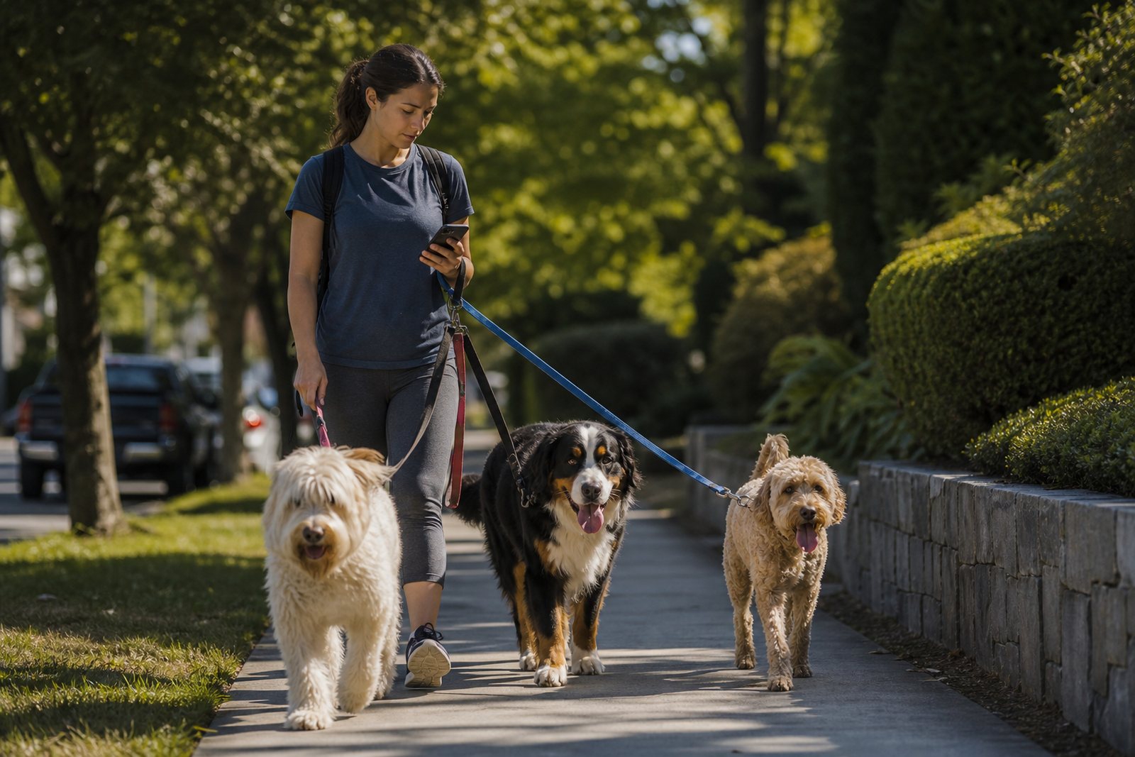 A professional dog walker checking a phone while three leashed dogs wait on a sunny tree lined sidewalk