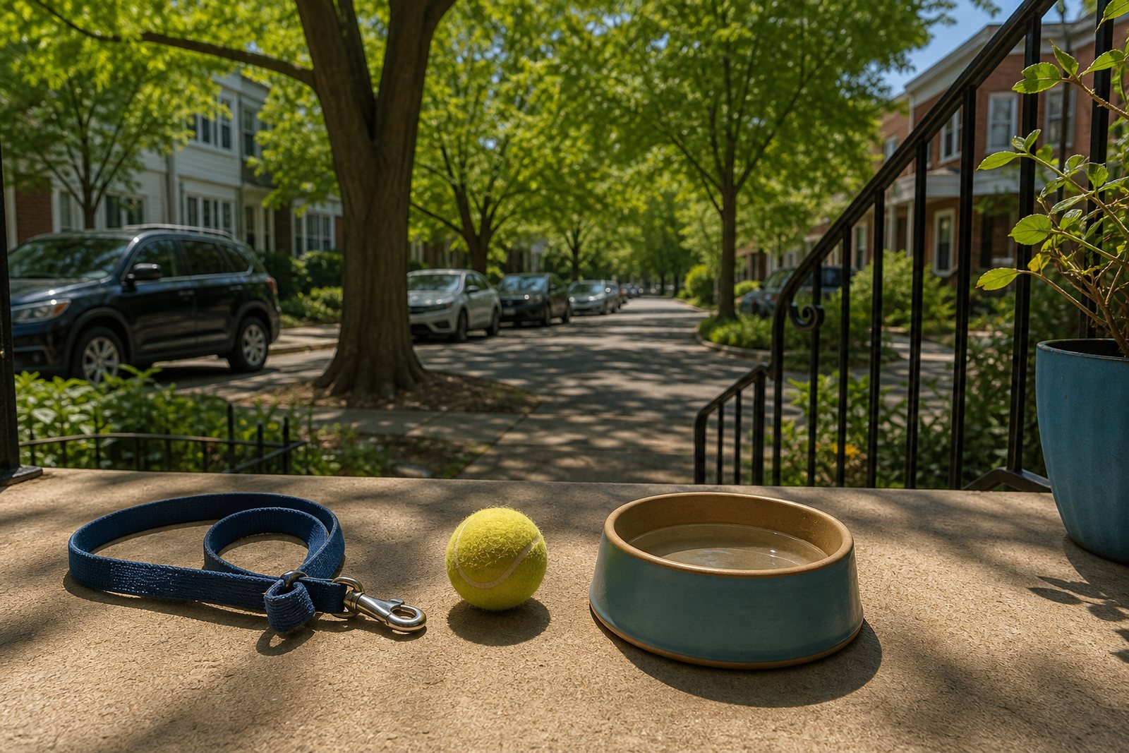 A leash, a tennis ball and a water bowl waiting on a sunny front porch step with a tree lined street behind